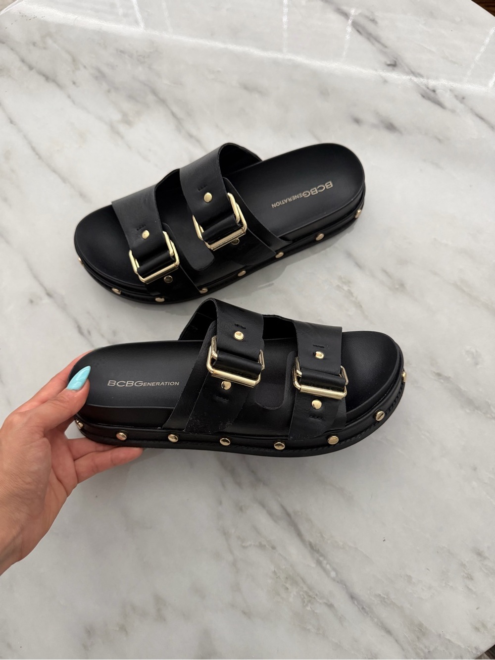 BCBGeneration Black Dual-Buckle Stud Slide Sandals